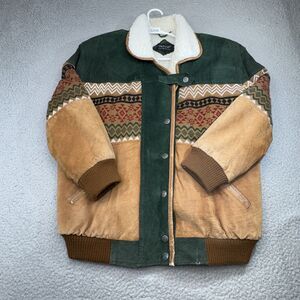 Pelle‎ Jacket Womens Large Brown Green Suede Sherpa Aztec Tribal Leather Western